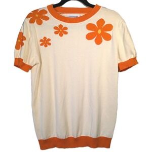 Oxknit Large Orange Flowers & Banding Cream Sweater 1970 Inspo Twee Novelty Jess